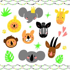 Cartoon Jungle animal heads set. Modern concept of flat design for kids cards, banners and invitations. Hand drawn vector illustration.