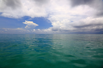 Amazing view of turquoise water of Indian Ocean and blue sky with white clouds. Maldives. Beautiful nature background.