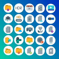Modern Simple Set of folder, video, photos, files Vector flat Icons. Contains such Icons as  music,  data, hdr,  internet,  theater, file and more on gradient background. Fully Editable. Pixel Perfect