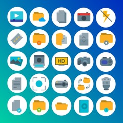 Modern Simple Set of folder, video, photos, files Vector flat Icons. Contains such Icons as  internet,  film, time, folder, dvd,  pocket and more on gradient background. Fully Editable. Pixel Perfect