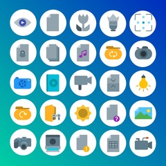 Modern Simple Set of folder, video, photos, files Vector flat Icons. Contains such Icons as  objective,  media,  disc,  dslr,  camera and more on gradient background. Fully Editable. Pixel Perfect