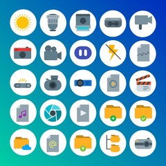 Modern Simple Set of folder, video, photos, files Vector flat Icons. Contains such Icons as lens,  film,  technology, network,  equipment and more on gradient background. Fully Editable. Pixel Perfect