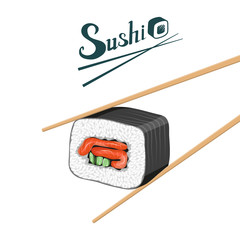 Sushi logo. Realistic sushi illustration. Dish of traditional Japanese cuisine. Vector graphics to design.