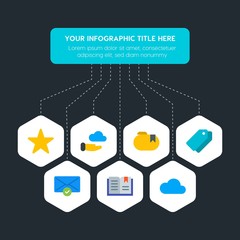 Flat geometric cloud and networking, cursors, bookmarks, email infographic steps template with 7 options for presentations, advertising, annual reports