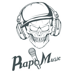 Rap music logo. Rapper skull on white background. Lettering with a microphone. Vector graphics to design.