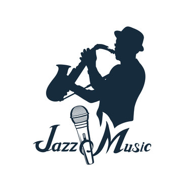 jazz player with saxophone. Saxophone player. Lettering with a microphone. Silhouette of a musician Vector graphics to design.