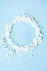 White spring flowers petals are lined up on a blue background. Copyspace. Top view, flat lay