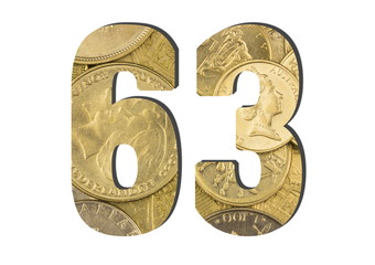   Number.  Shiny golden coins textures for designers. White isolate