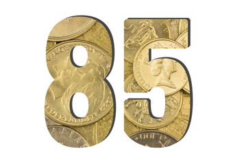 85  Number.  Shiny golden coins textures for designers. White isolate