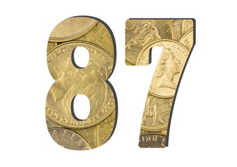  87 Number.  Shiny golden coins textures for designers. White isolate