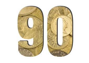 90  Number.  Shiny golden coins textures for designers. White isolate