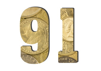  91 Number.  Shiny golden coins textures for designers. White isolate