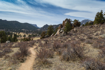 Trail Through Dry Scrub With Mountains in Background