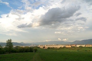 Sunrise and sunset over the hills and town. Slovakia