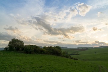 Sunset on meadow with hills and tree. Slovakia