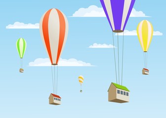 houses flying in the sky on balloons