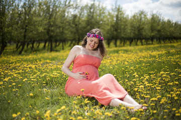 Fototapeta premium Meadow, Young beautiful pregnant woman