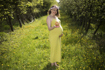 Naklejka na ściany i meble Young beautiful pregnant woman, blooming garden