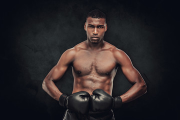 Fototapeta na wymiar Muscular boxer against dark background