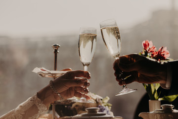 Wedding, party and celebration concept. Female and male toast, clink glasses with champagne or white wine, celebrate special occasion in life.