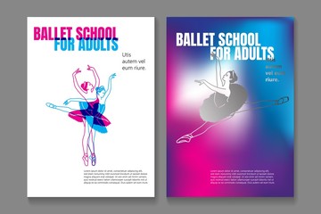 Bundle of poster or flyer templates for ballet school or studio for adults with elegant dancing ballerinas wearing tutu and place for text on white background. Vector illustration for advertisement. © bartamarabara