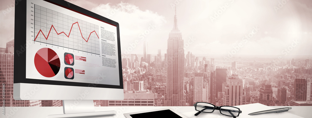 Aufkleber business interface with graphs and data against room with large window looking on city