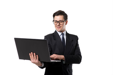 Businessman using laptop, white background