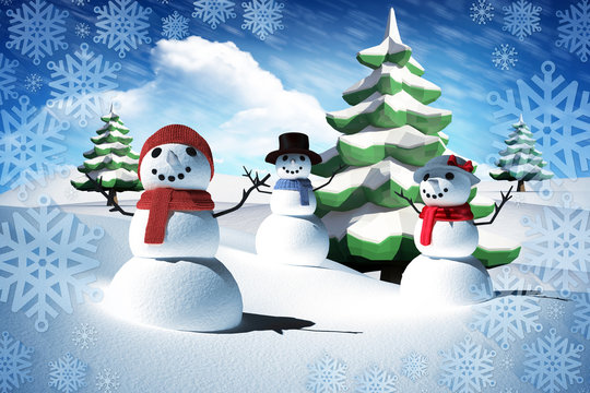 Composite image of snow man family against bright blue sky with clouds