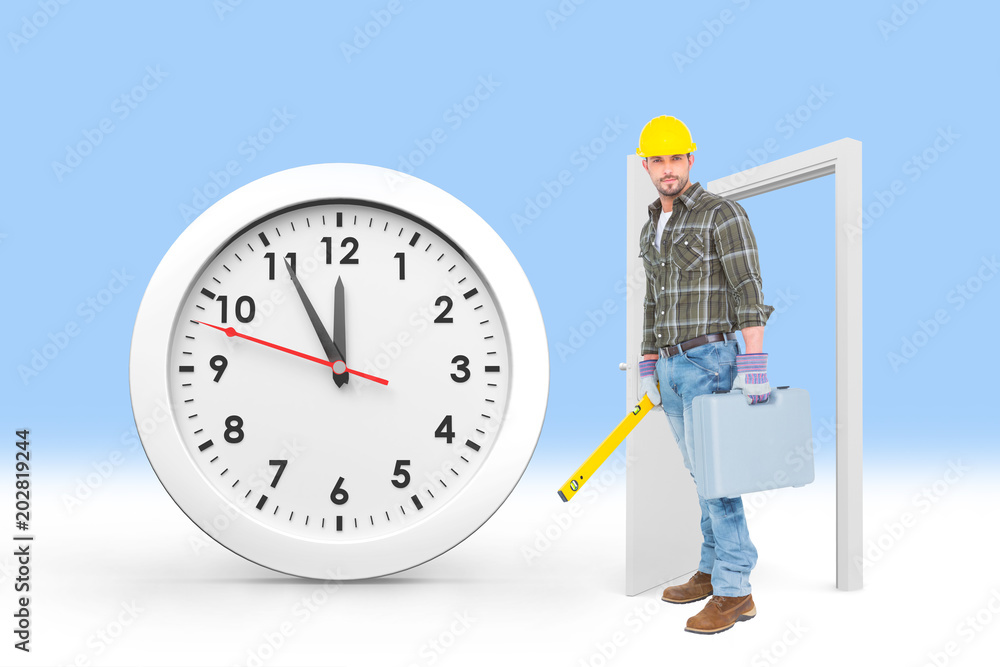 Poster manual worker with spirit level and toolbox against countdown to midnight on clock