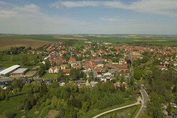 Fototapeta na wymiar Derenburg near Blankenburg in the Harz Mountains from above / Germany