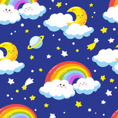 Seamless pattern with cute cartoon clouds, crescents and rainbows.