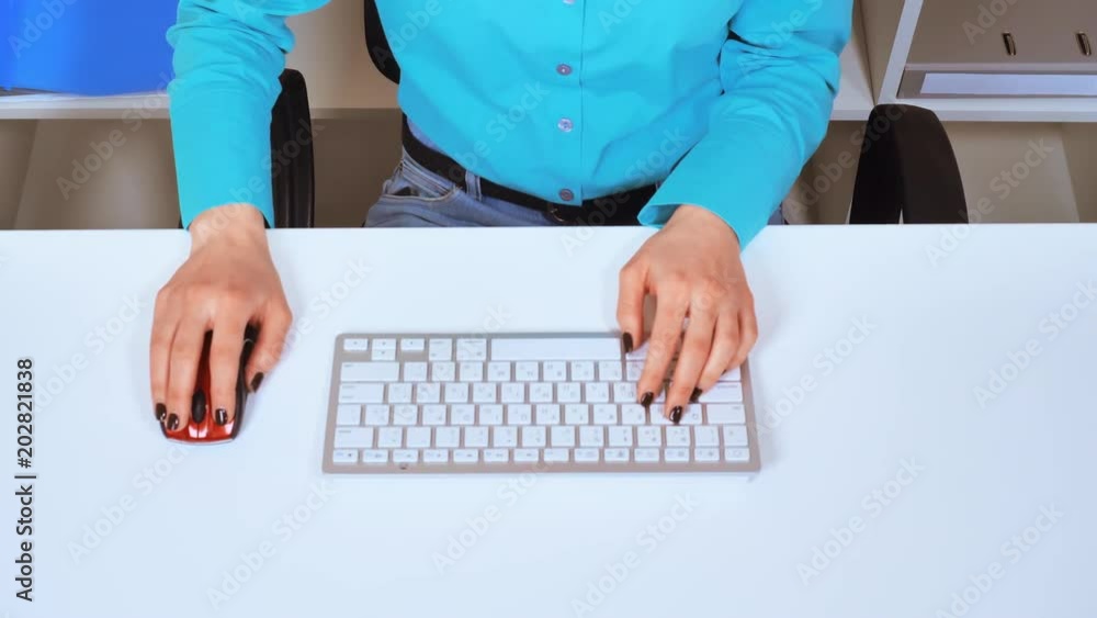 Aufkleber top view female hands typing on white keyboard using pc mouse unrecognizable woman sitting at the de