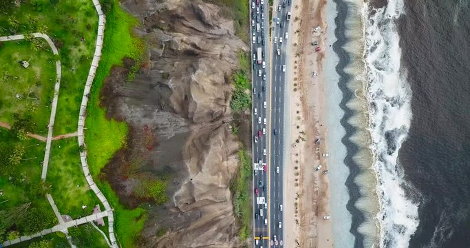 Aerial view of Costa Verde highway and shore in Lima Peru