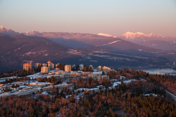 Aerial view of Burnaby Mountain and University Campus. Taken in Vancouver, British Columbia,...