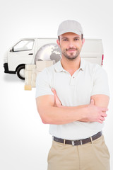Delivery man standing arms crossed against logistics graphic