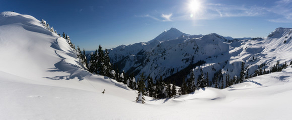 Beautiful panoramic mountain landscape view. Taken in Artist Point, Northeast of Seattle, Washington, United States of America.