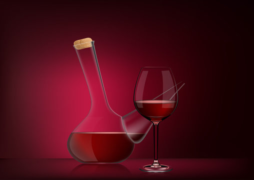 Vector illustration in photorealistic style. The image of a realistic glass transparent national spanish vessel with wine and full glass on red dark background. Serving wine with decanter