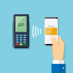Mobile payments using smartphone, terminal and credit card, NFC technology, online banking. Flat design style