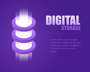 Concept digital storage. Vector illustration isometric bright online data. Landing page network storage