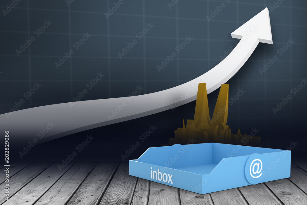 Poster blue inbox against arrow and graph in room