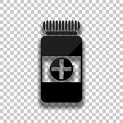 Bank of pills icon. Black glass icon with soft shadow on transparent background