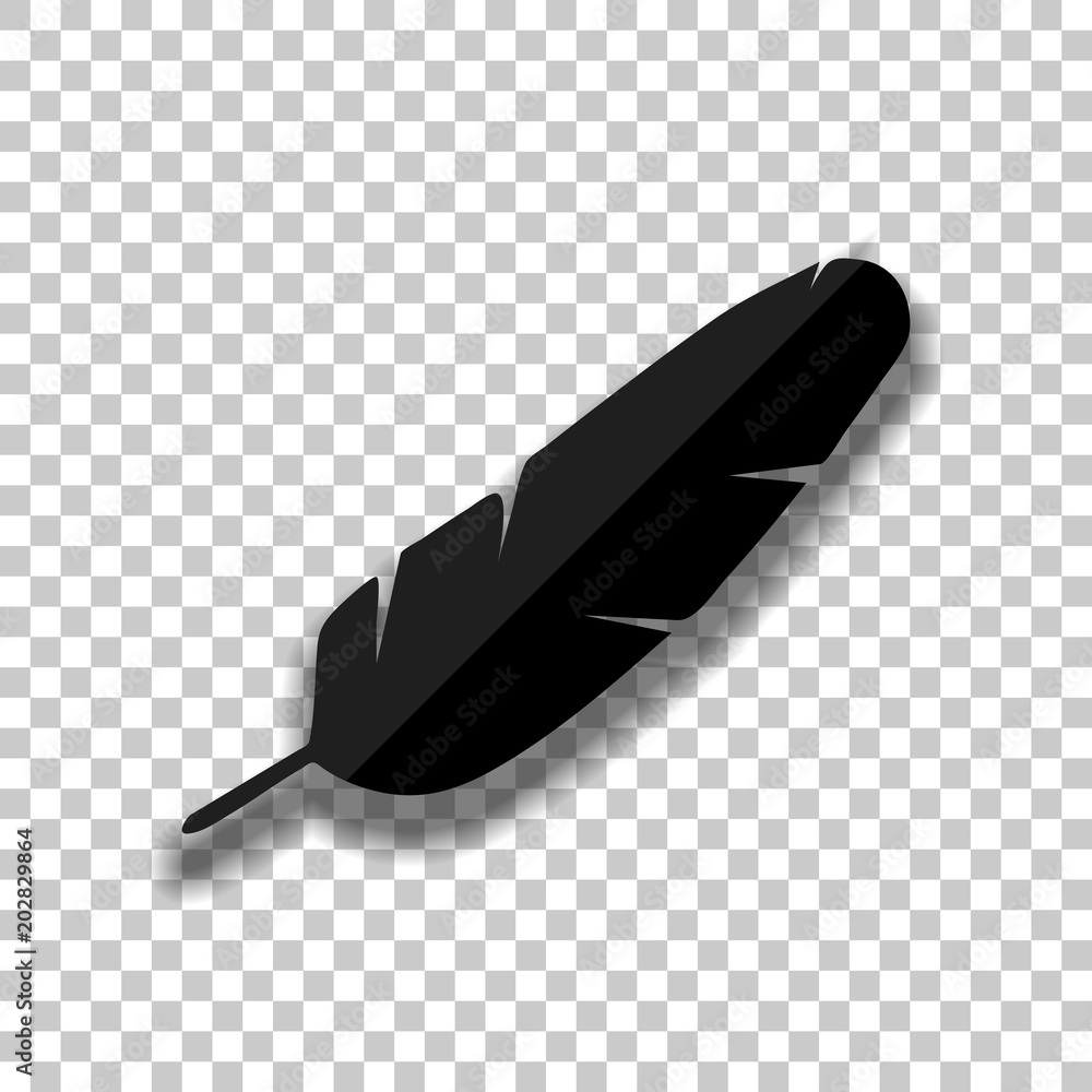Poster simple icon of feather. black glass icon with soft shadow on transparent background