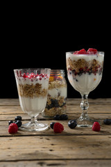 Cup of yogurt muesli and raspberries for breakfast