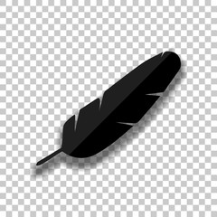 Simple icon of feather. Black glass icon with soft shadow on transparent background