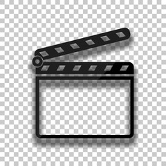 Film clap board cinema open icon. Black glass icon with soft shadow on transparent background