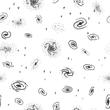 Vector seamless hand drawn galaxy background from spiral, elliptical and irregular nebula. Space backdrop