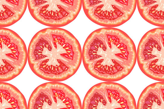 Vector seamless pattern of tomato slices on white background