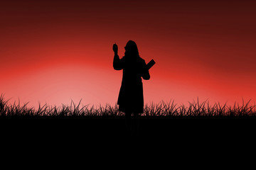 Silhouette of doctor pointing with pen against red sky over grass