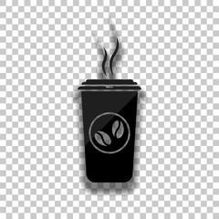 cup of hot coffee icon. Black glass icon with soft shadow on transparent background