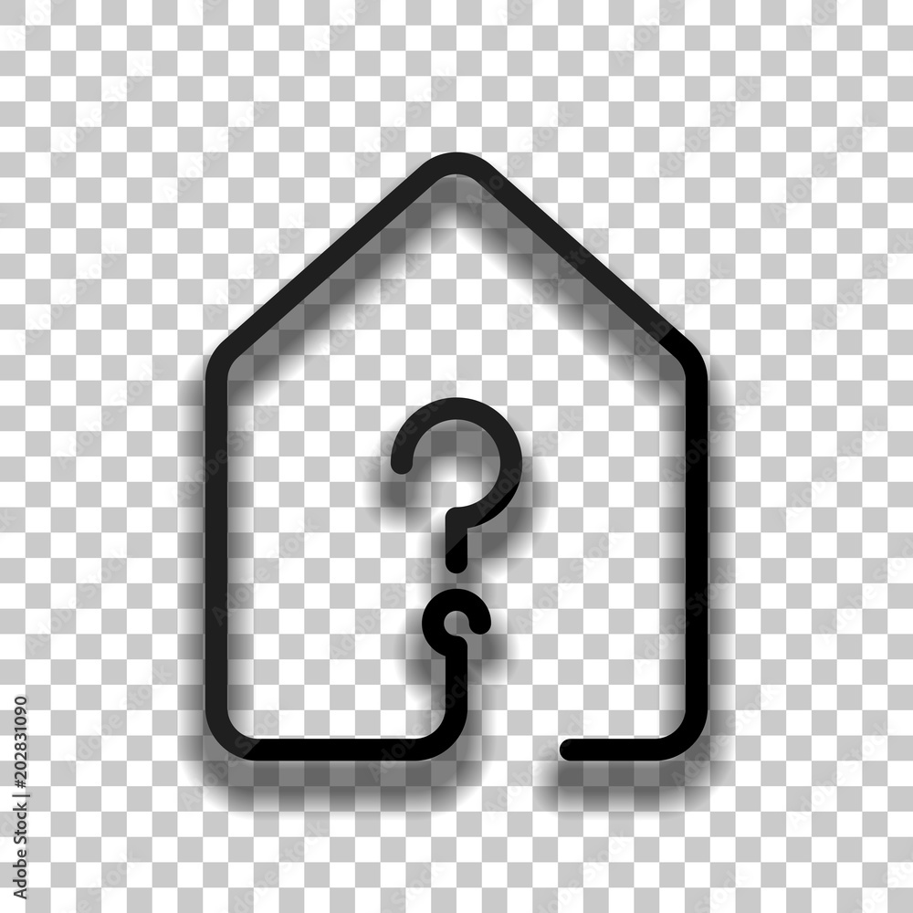 Poster house with question mark icon. line style. black glass icon with soft shadow on transparent backgrou